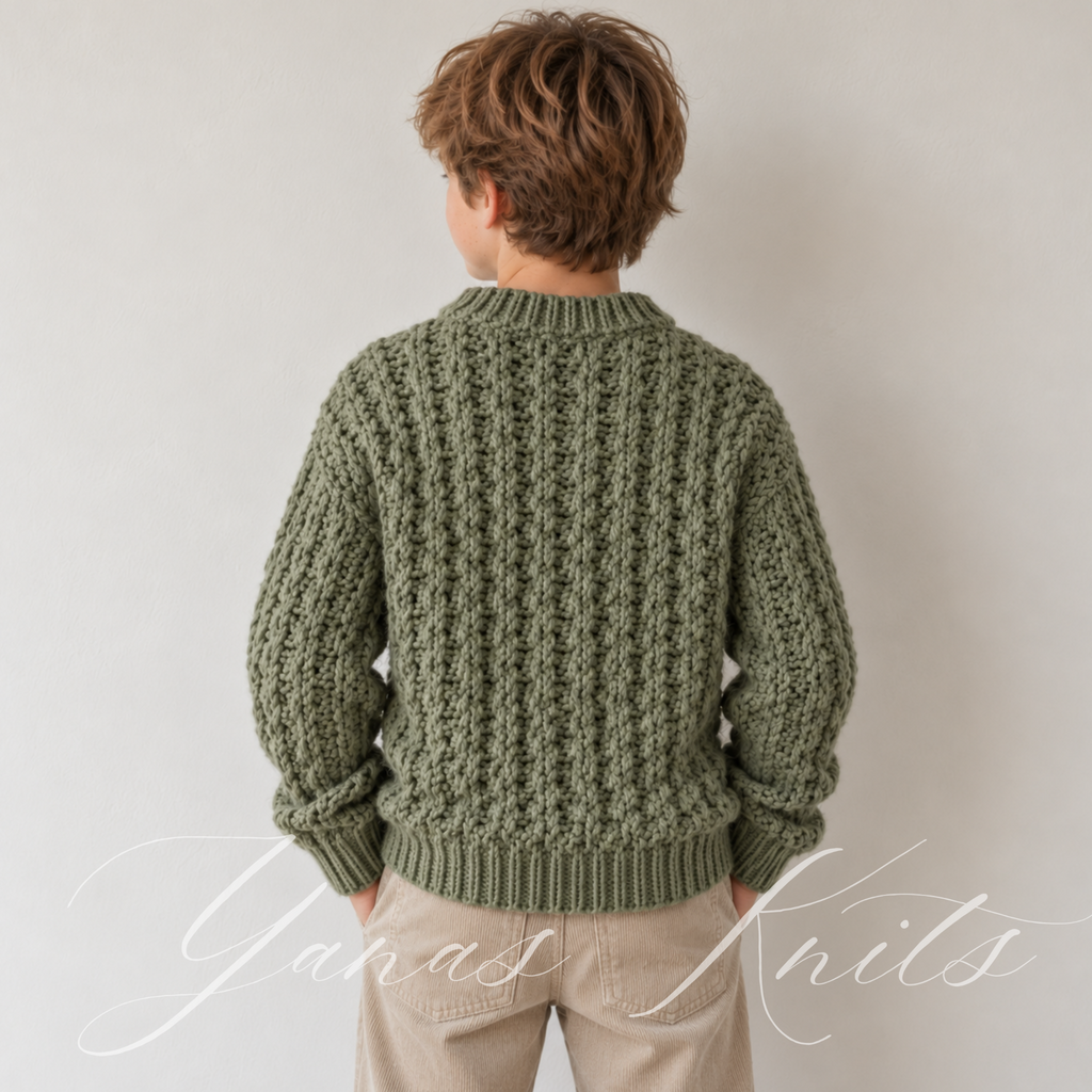 Back view showing narrow rope cable texture on a sage green children's sweater