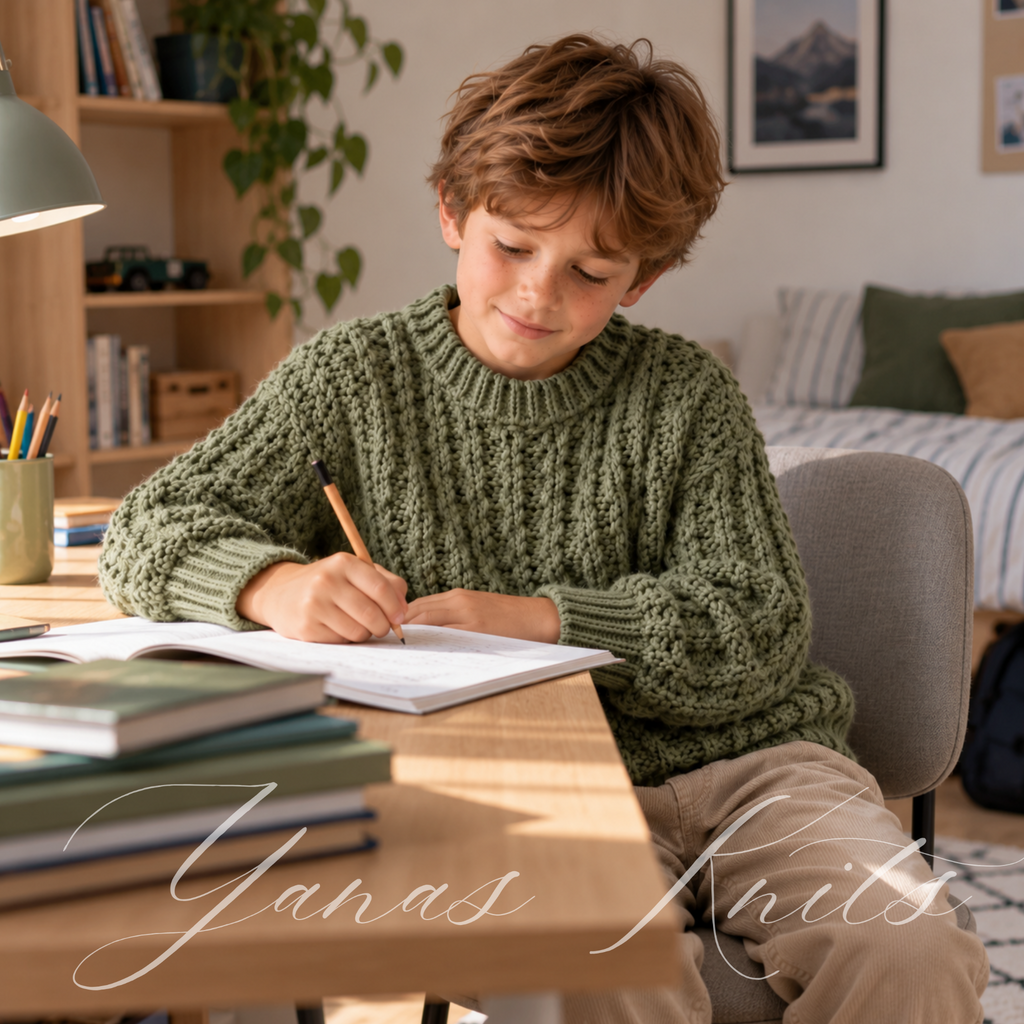 Child at a desk wearing a sage green cable knit crew neck pullover