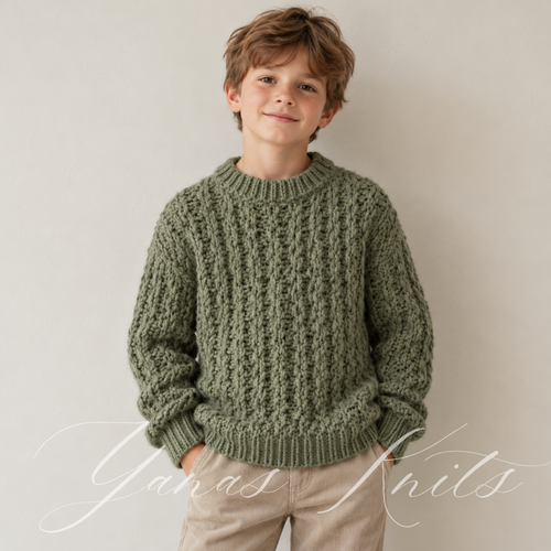 Front view of a child wearing a sage green chunky cable sweater with a ribbed crew neck