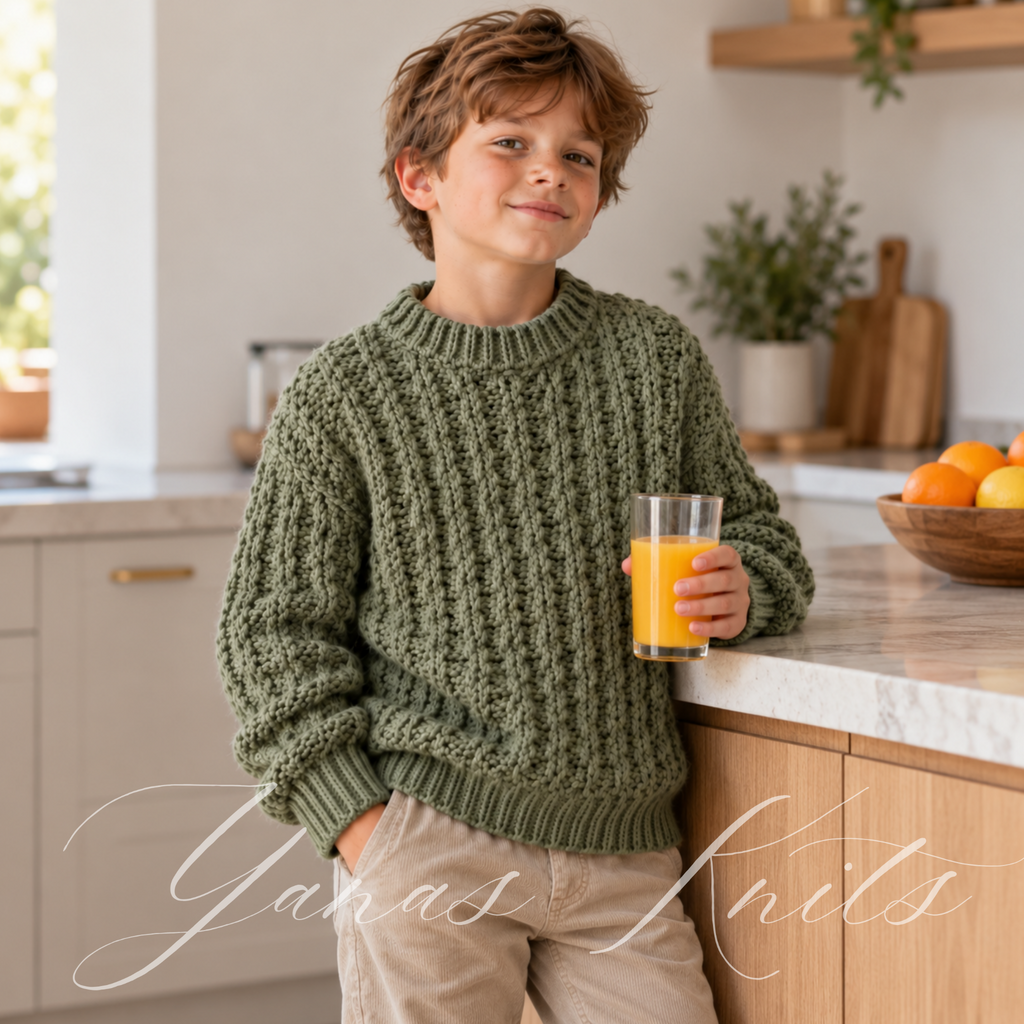 Child standing in a kitchen wearing a chunky sage green rope cable sweater