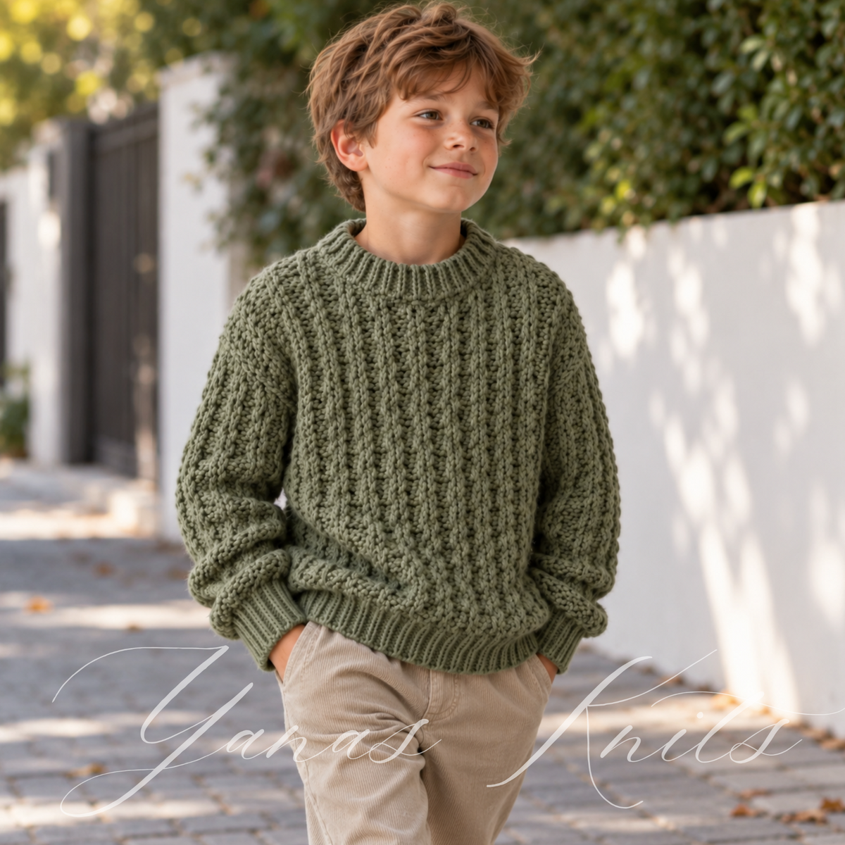 Child outdoors wearing a chunky sage green cable sweater with ribbed cuffs and hem