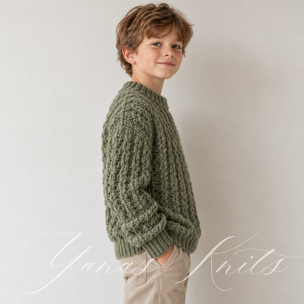 Side view of a sage green children's cable knit pullover with dropped shoulders