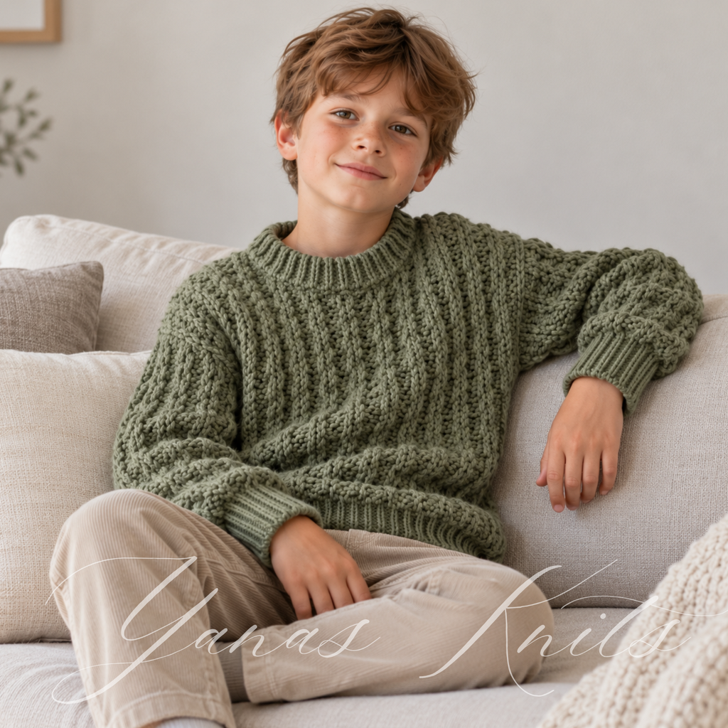 Child seated on a sofa wearing a relaxed sage green textured knitted sweater