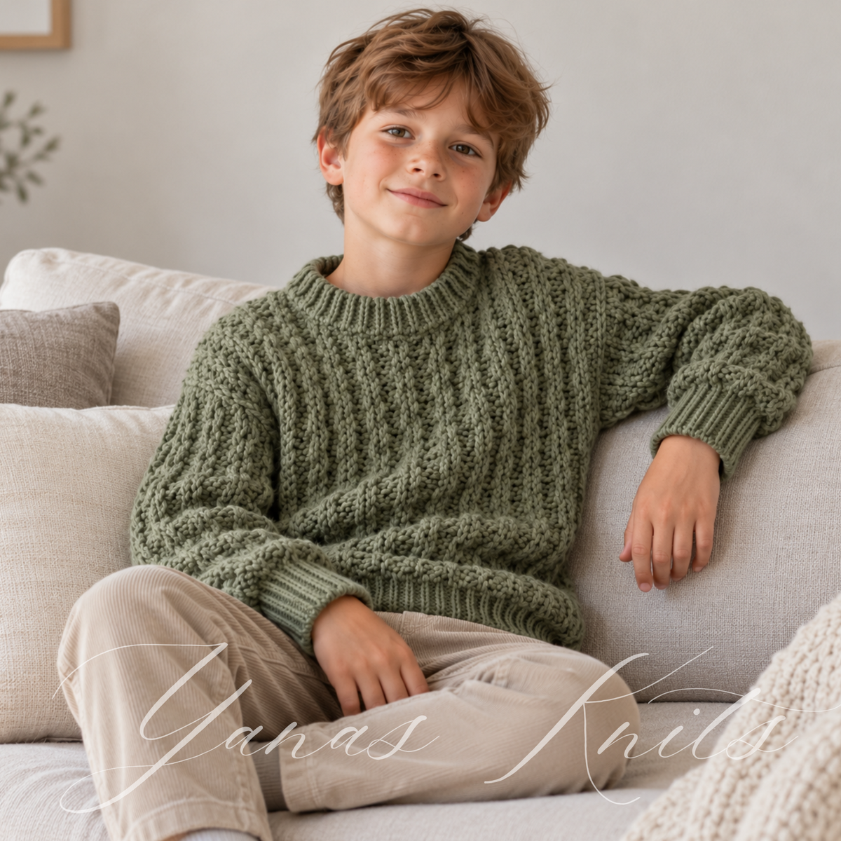 Child seated on a sofa wearing a relaxed sage green textured knitted sweater