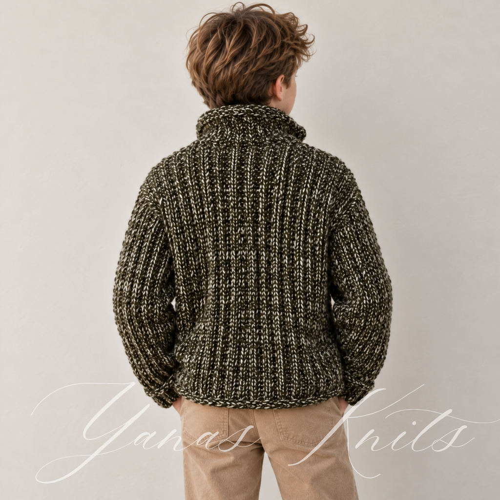 Back view of a dark olive and ivory marled children's ribbed cardigan