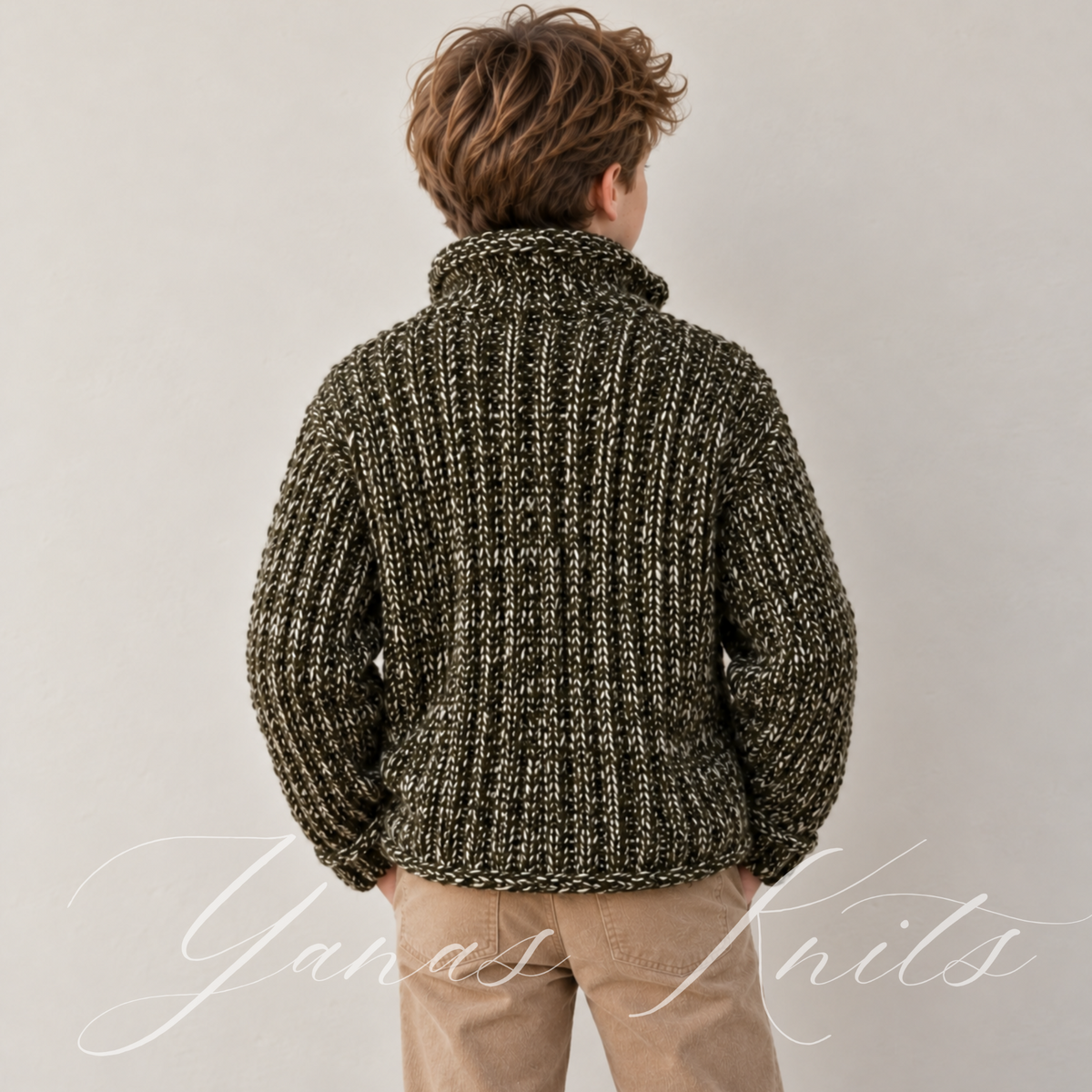 Back view of a dark olive and ivory marled children's ribbed cardigan