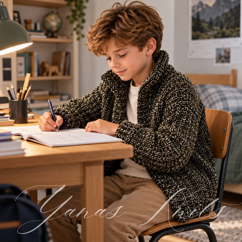 Child at a desk wearing a dark olive marl children's knitted cardigan
