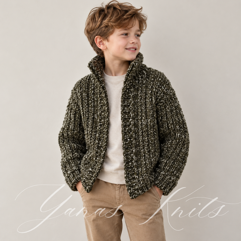 Front view of a child wearing a dark olive marl open front ribbed cardigan with a raised collar