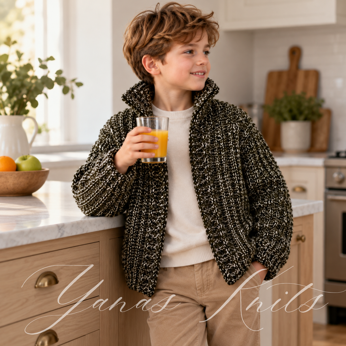Child standing in a kitchen wearing a chunky open front ribbed cardigan