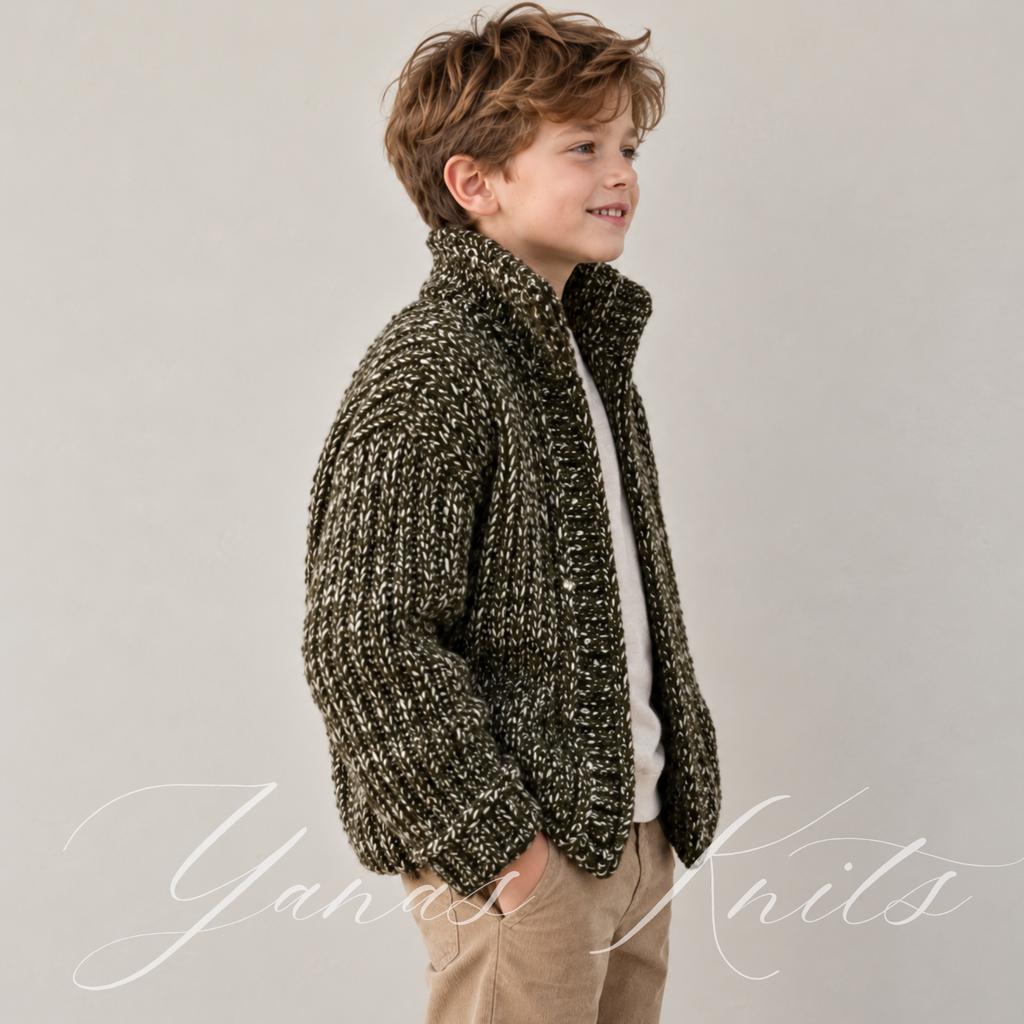 Side view showing the dropped shoulder and full sleeve of a chunky ribbed children's cardigan