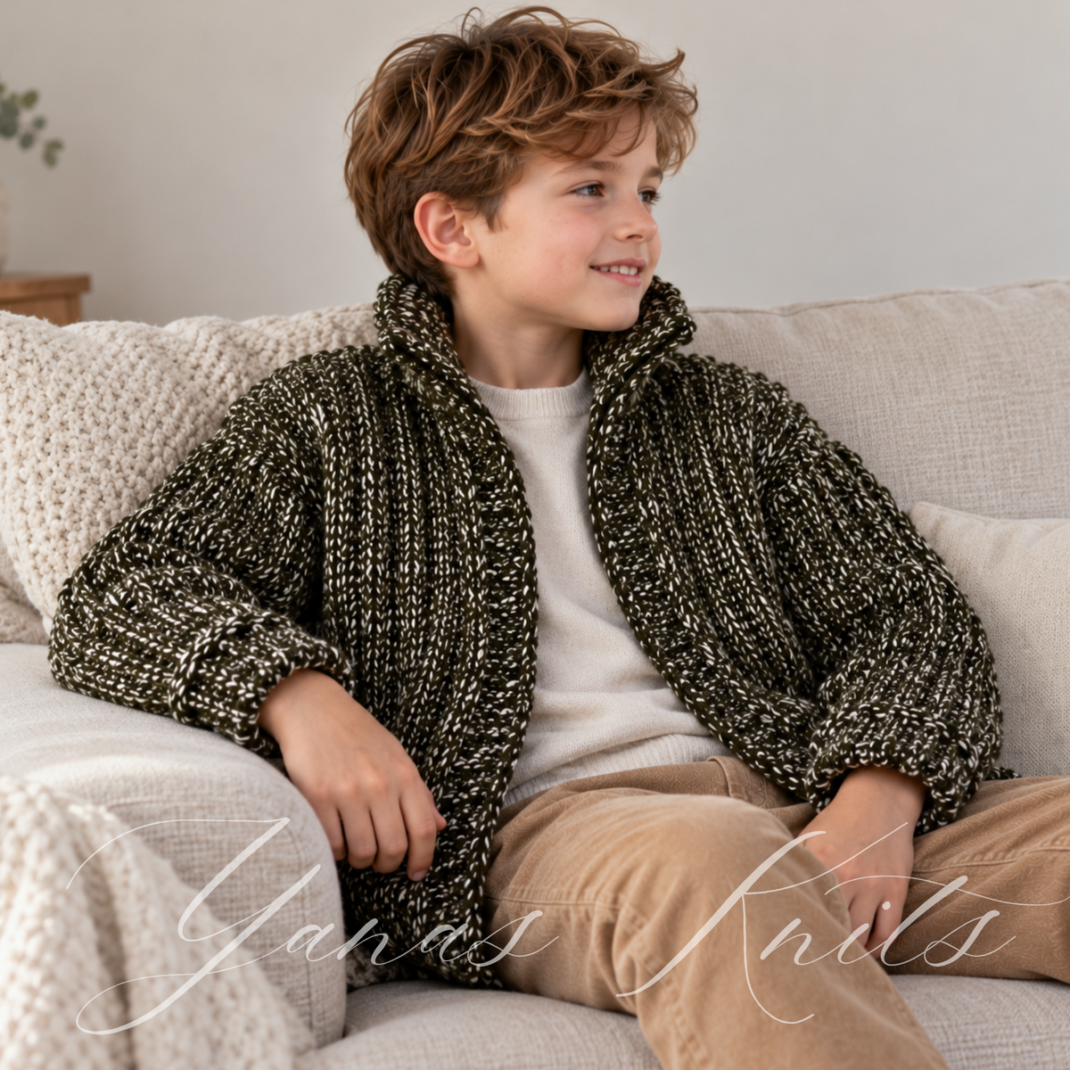 Child seated on a sofa wearing an open front ribbed cardigan with a soft raised collar