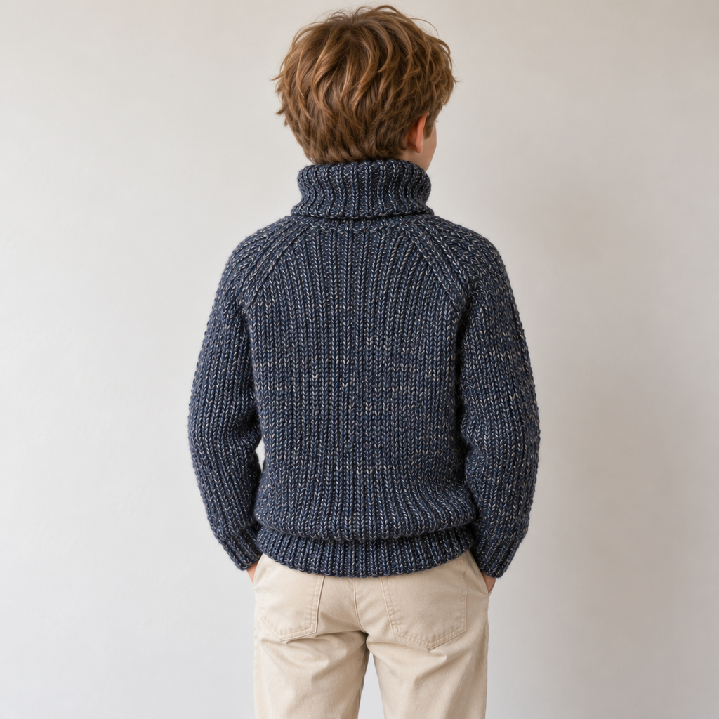 Back view of a navy marl children's raglan sweater with a tall folded ribbed collar