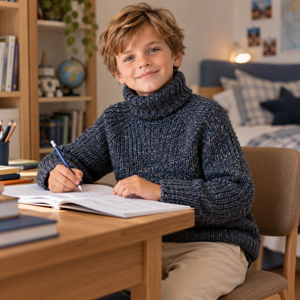 Child at a desk wearing a navy marl raglan pullover with a ribbed turtleneck