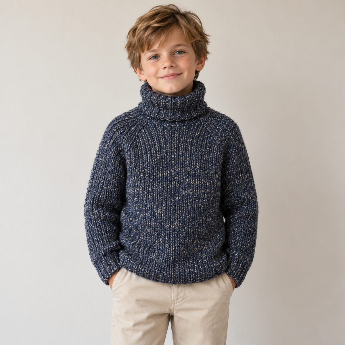 Front view of a child wearing a navy marl raglan turtleneck sweater with ribbed hem and cuffs