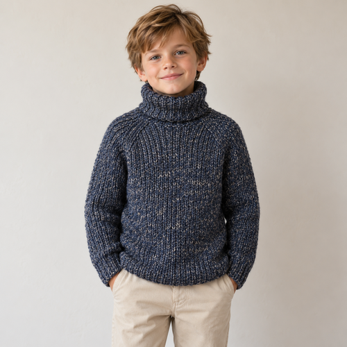 Front view of a child wearing a navy marl raglan turtleneck sweater with ribbed hem and cuffs