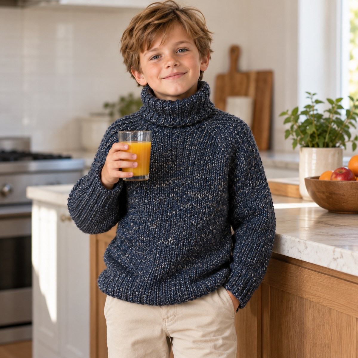 Child standing in a kitchen wearing a navy marl turtleneck sweater with ribbed edges