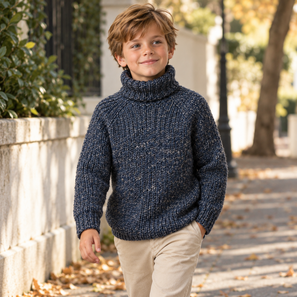 Child wearing a navy marl turtleneck pullover outdoors on an autumn path