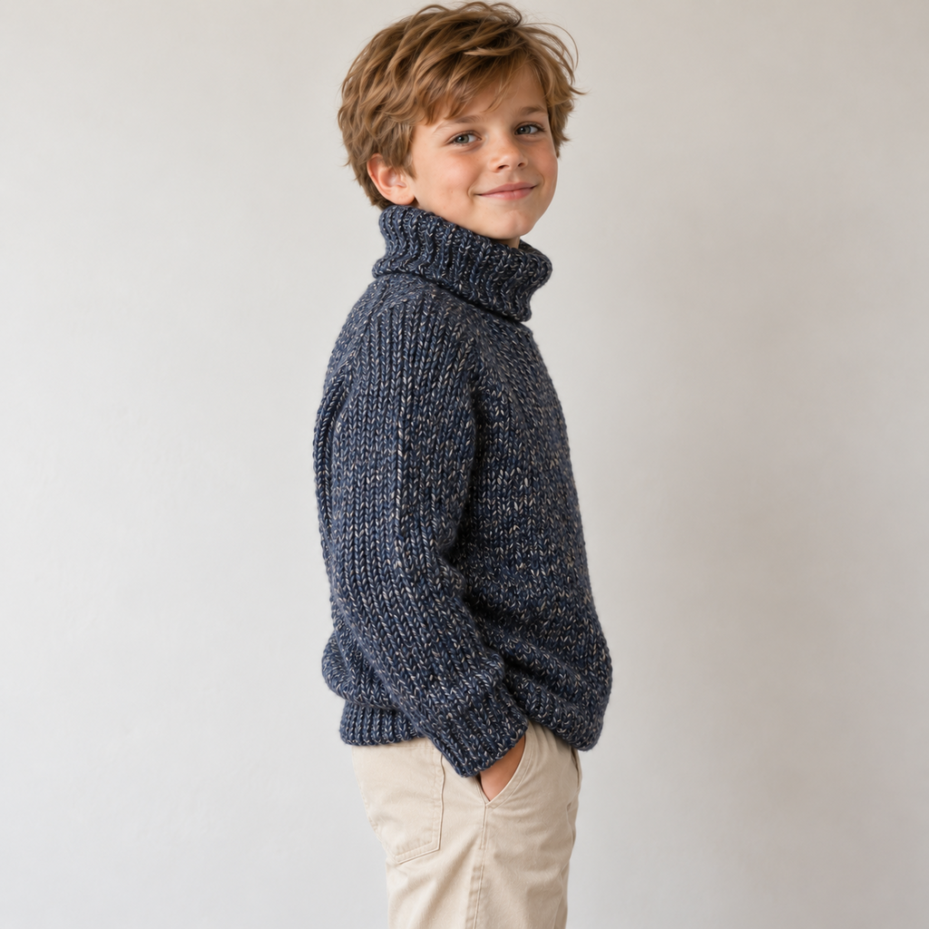 Side view showing the relaxed fit and folded collar of a navy marl children's knitted pullover