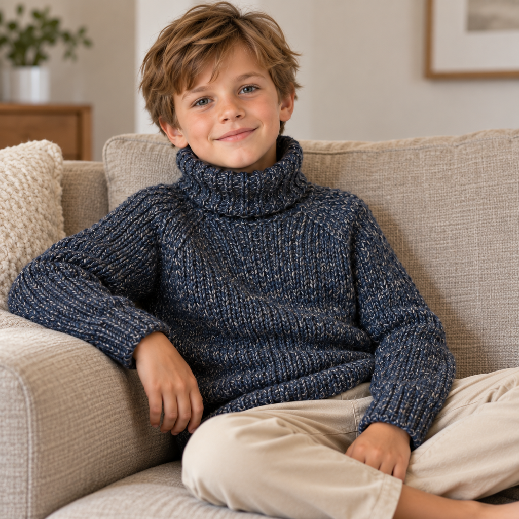 Child seated on a sofa wearing a navy marl knitted sweater with a folded turtleneck
