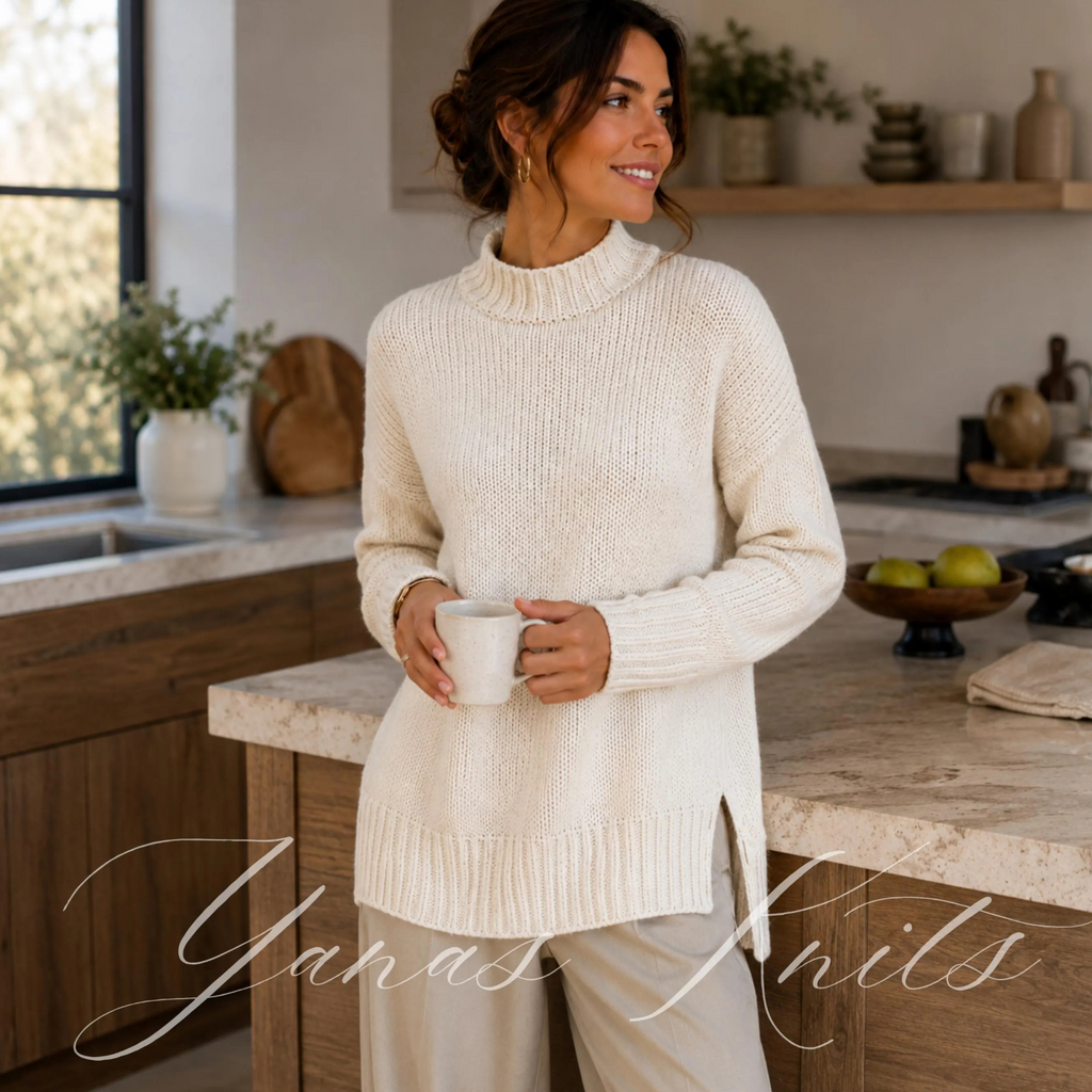 Woman holding a mug in a kitchen while wearing an ivory longline mock neck sweater with ribbed edges